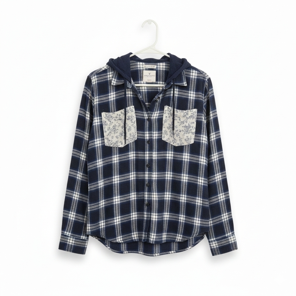 American Eagle Mixed Plaid Hoodie Flannel Shirt Women’s Small - Picture 2 of 6